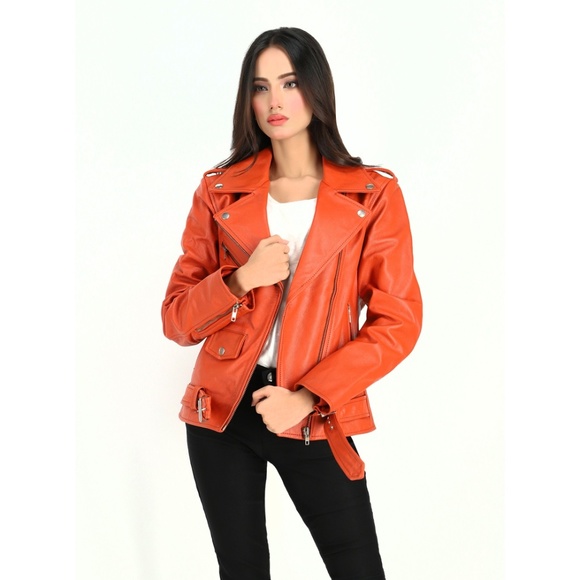 Women's Moto Style Cowhide Orange Leather Jacket - Picture 5 of 6